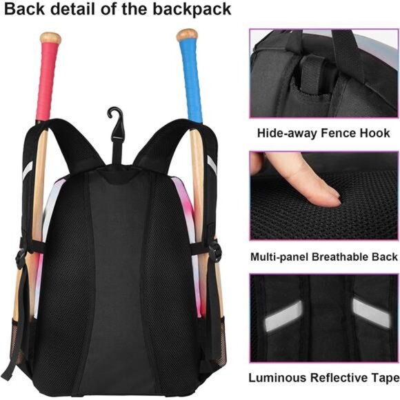 Softball Bag, Lightweight Baseball Backpack with Shoe Compartment, Baseball Bag - Picture 4 of 7